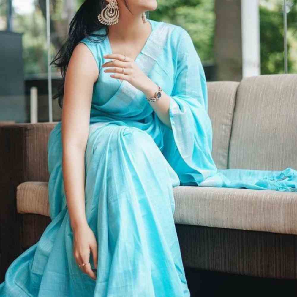 Pure Handloom Linen Sky Blue Saree